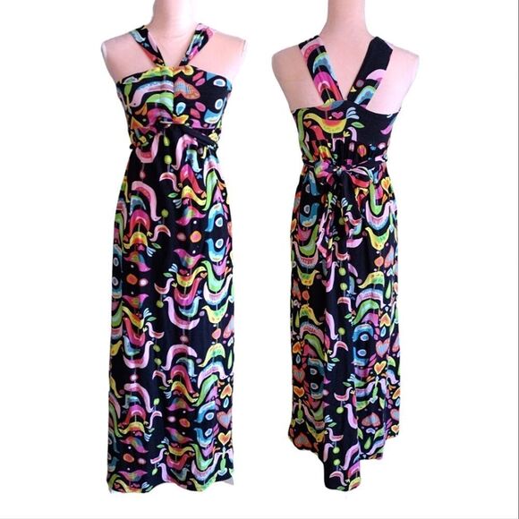VTG 90s Black Colorful Birds Folk Art Print Sleeveless Halter Maxi Dress Small - Picture 3 of 17